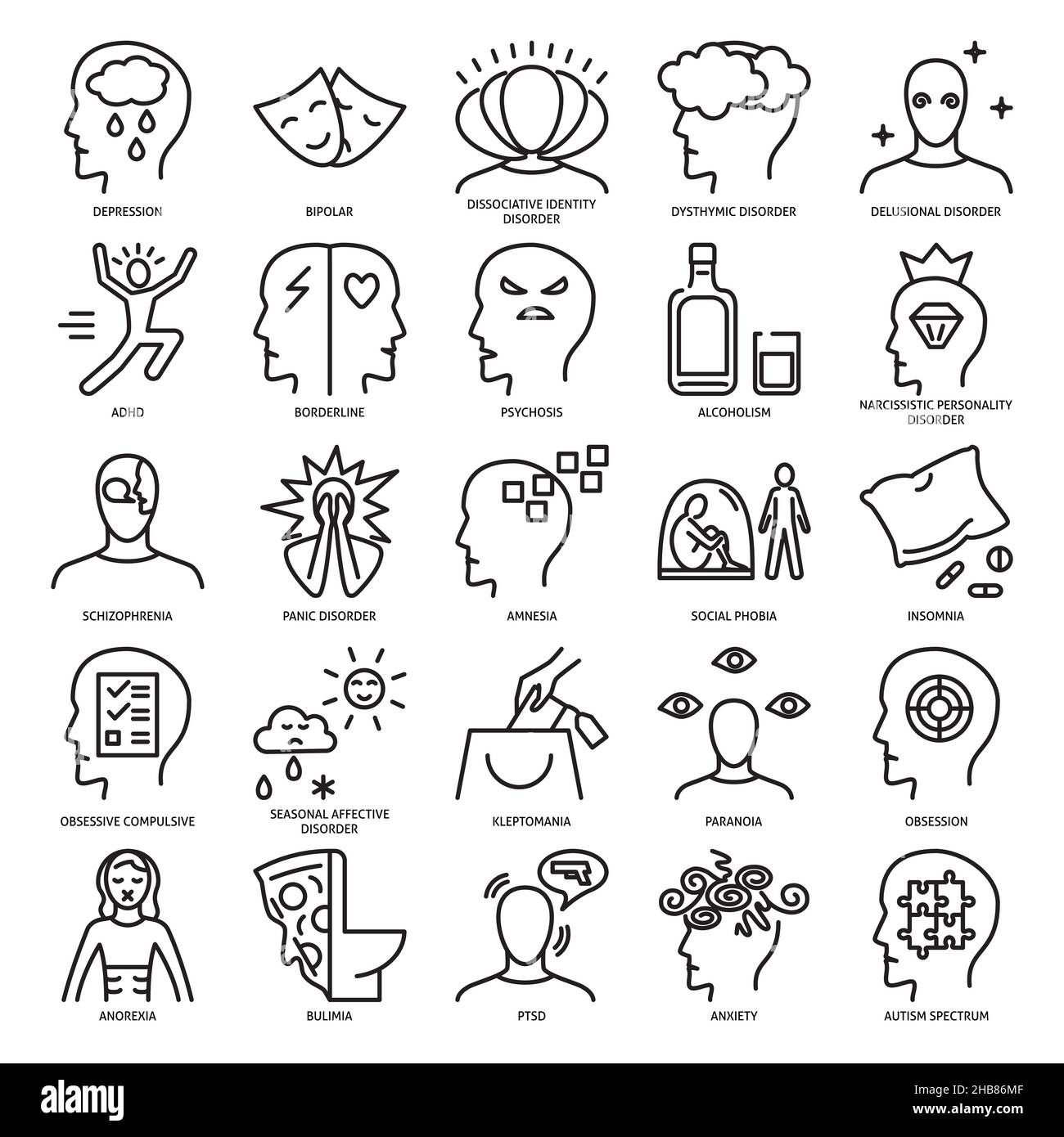 Icône troubles mentaux en ligne fine.Collection de symboles de problèmes psychologiques.Illustration vectorielle. Illustration de Vecteur