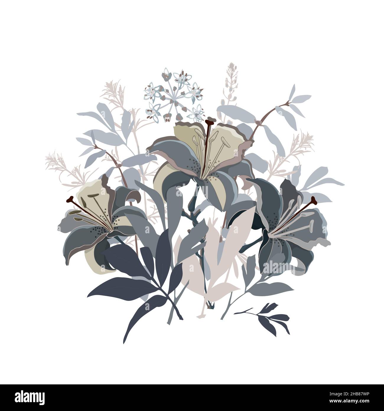 Illustration florale vectorielle.Bouquet de fleurs de nénuphars dans des tons beige et gris sur fond blanc. Illustration de Vecteur
