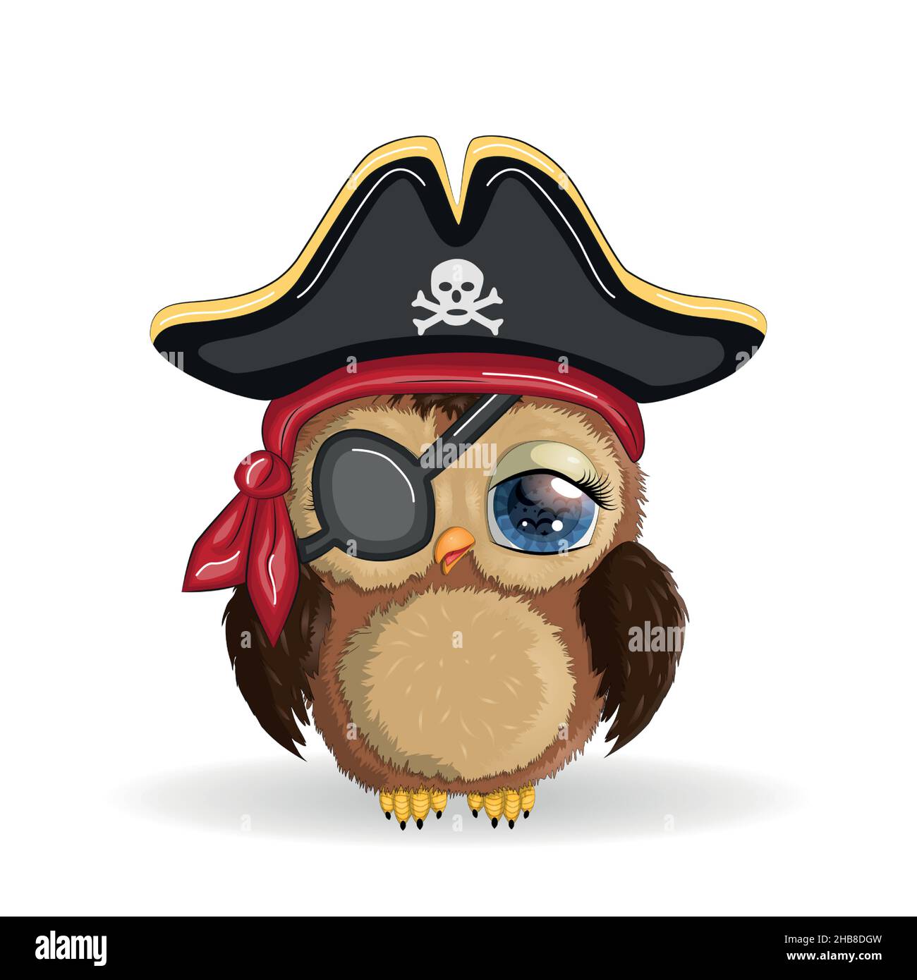 Hibou pirate, personnage de dessin animé du jeu, un oiseau dans un bandana et un chapeau à tête de cocon avec un crâne, avec un timbre oculaire.Caractère avec des yeux lumineux Illustration de Vecteur