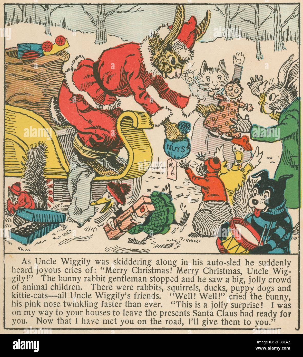 L'oncle Wiggily habillé comme le Père Noël met des cadeaux à une foule d'enfants animaux, d'un livre de Howard R. Garris de 1920. Banque D'Images