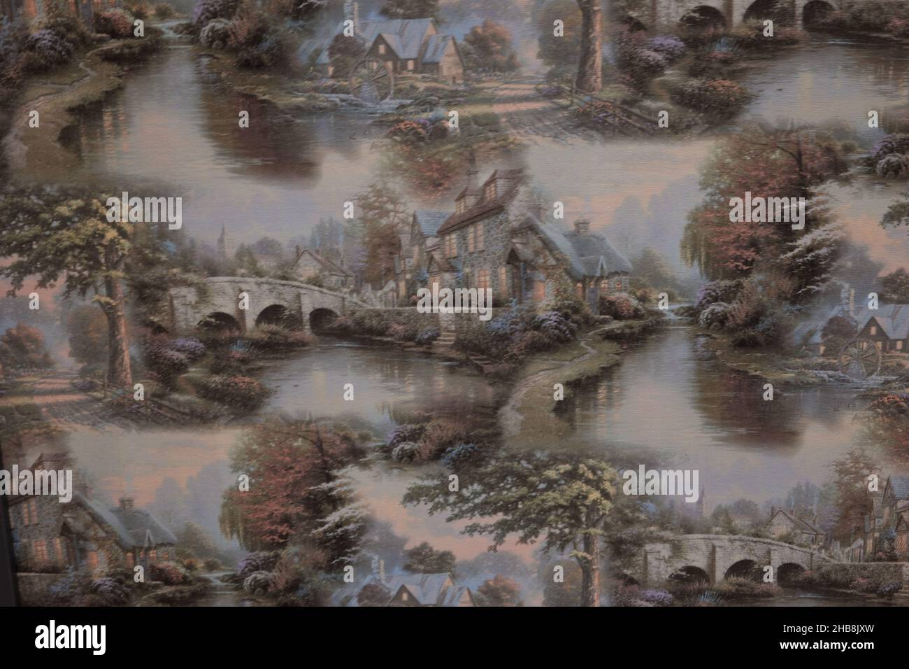 Fond d'écran texture avec bâtiments, ponts et rivière sur fond gris Banque D'Images