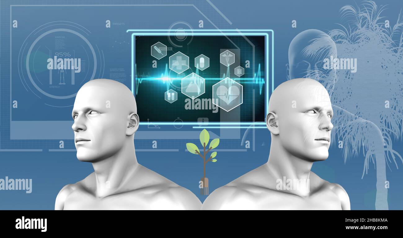 Deux modèles de tête humaine et interface numérique avec traitement des données médicales sur fond bleu Banque D'Images