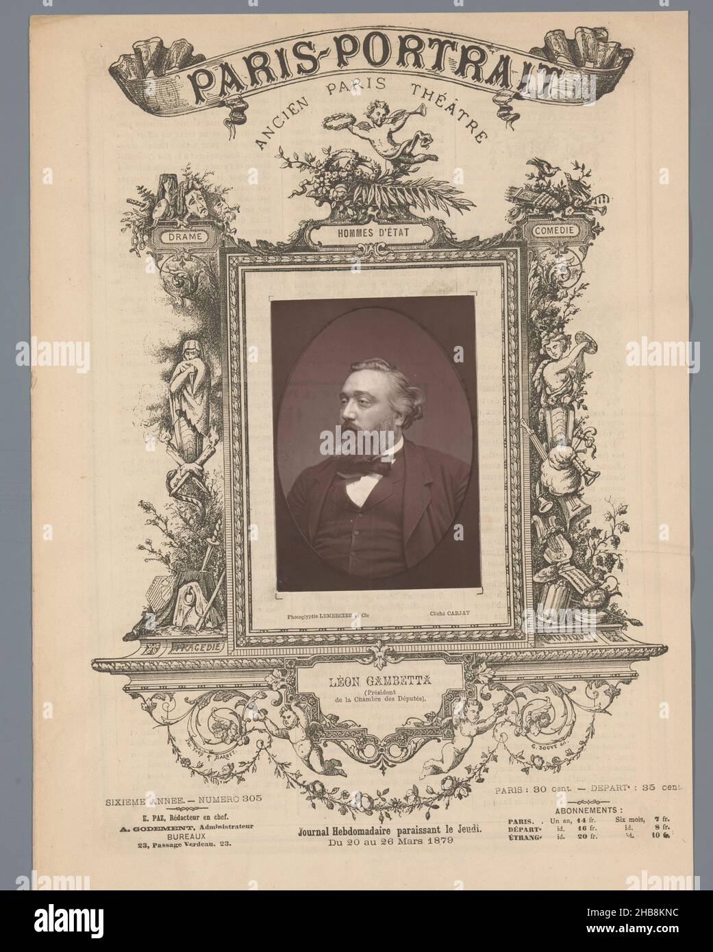 Portrait de Léon Gambetta, Léon Gambetta (titre sur objet), Étienne Carjat (mentionné sur objet), Lemercier & Cie. (Mentionné sur objet), c.1873 - avant 1880, papier, hauteur 121 mm × largeur 85 mm Banque D'Images