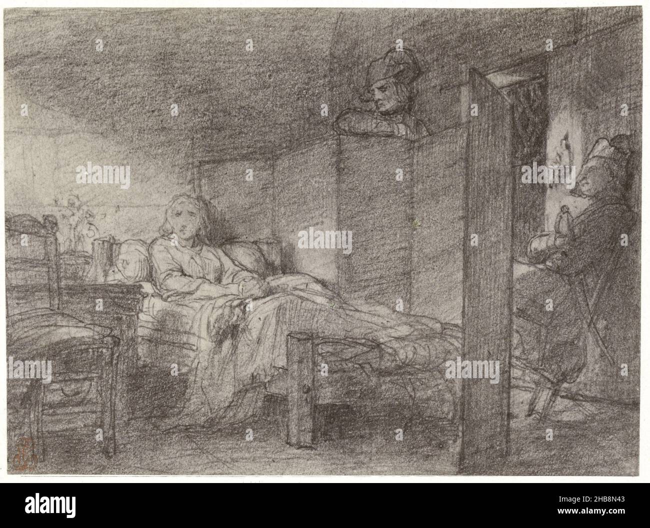 Photoréproduction d'un dessin de Marie-Antoinette dans la cellule par Paul Delaroche, Marie-Antoinette à la Concergerie (titre sur objet), Robert Jefferson Bingham (mentionné sur objet), dessinateur intermédiaire: Paul Delaroche (mentionné sur objet), Paris, c.1853 - avant 1858, papier, imprimé albumine, gravure, hauteur 88 mm × largeur 119 mmhauteur 160 mm × largeur 180 mm Banque D'Images