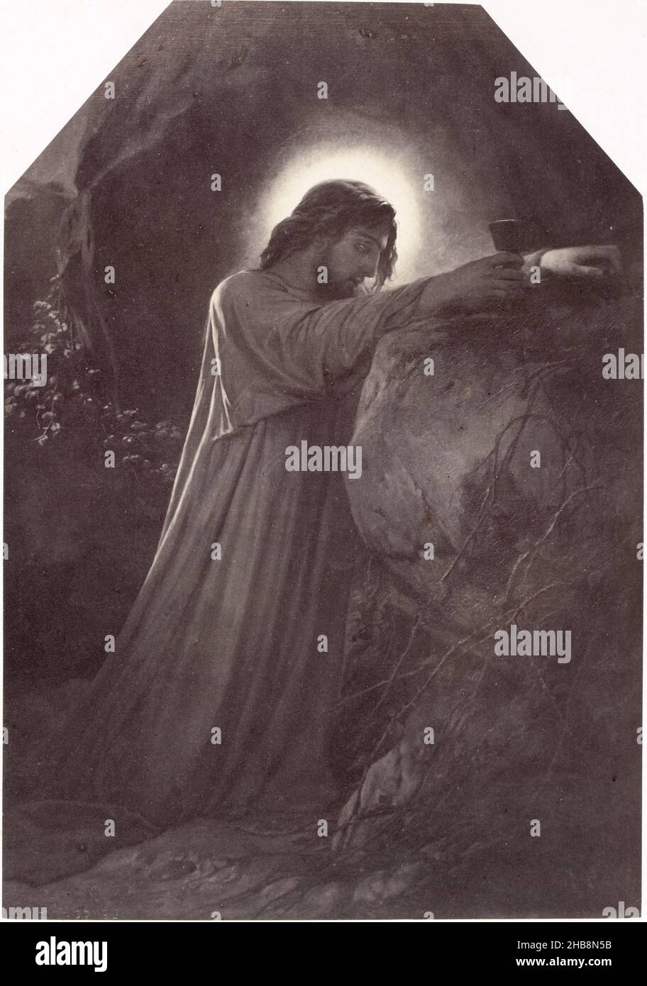 Photoréproduction d'une peinture du Christ dans le jardin de Gethsémané par Paul Delaroche, le Christ au jardin des oliviers (titre sur objet), Robert Jefferson Bingham (mentionné sur objet), après :Paul Delaroche (mentionné sur l'objet), Paris, à partir de 1855 - à partir de 1858, papier, imprimé albumine, gravure, hauteur 210 mm × largeur 147 mmhauteur 290 mm × largeur 207 mm Banque D'Images