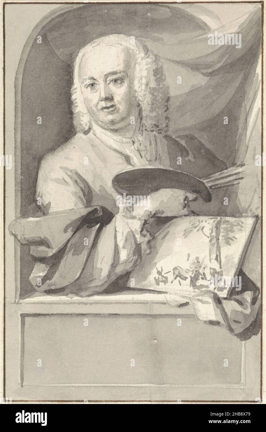 Portrait de Jan van Gool, Design for a print., dessinateur: Aert Schouman, 1720 - 1749, papier, aquarelle (peinture),brosse, hauteur 150 mm × largeur 97 mm Banque D'Images