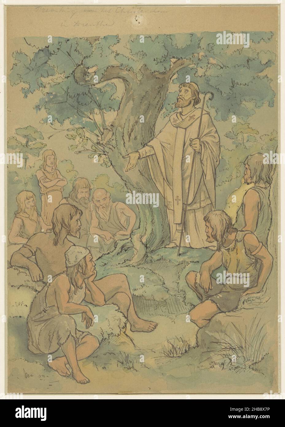 Prédication du christianisme à Drenthe, conception d'une murale dans l'ancien Statenzaal de la Provinciehuis Drenthe (aujourd'hui Musée des Drents)., dessinateur: Georg Sturm, 1904, papier, encre,brosse, stylo, hauteur 283 mm × largeur 198 mm Banque D'Images