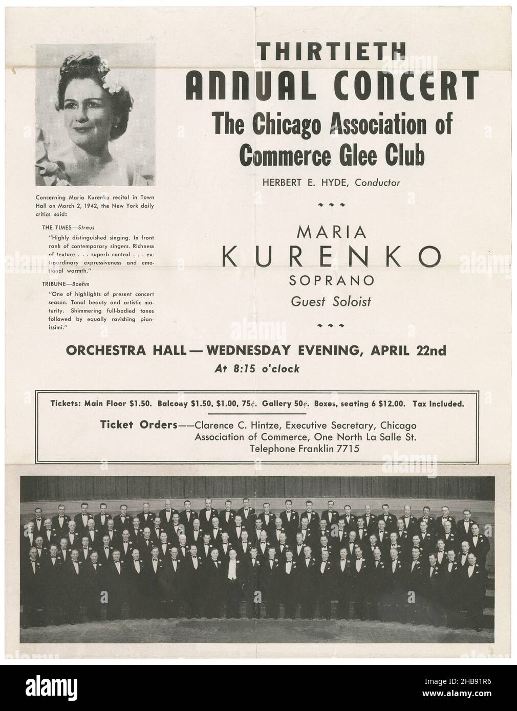 Dépliant du concert annuel 13th de la Chicago Association of Commerce Glee Club, avec Maria Kurenko, Soprano, au Orchestra Hall.Herbert E. Hyde, chef d'orchestre.22 avril 1942. Banque D'Images