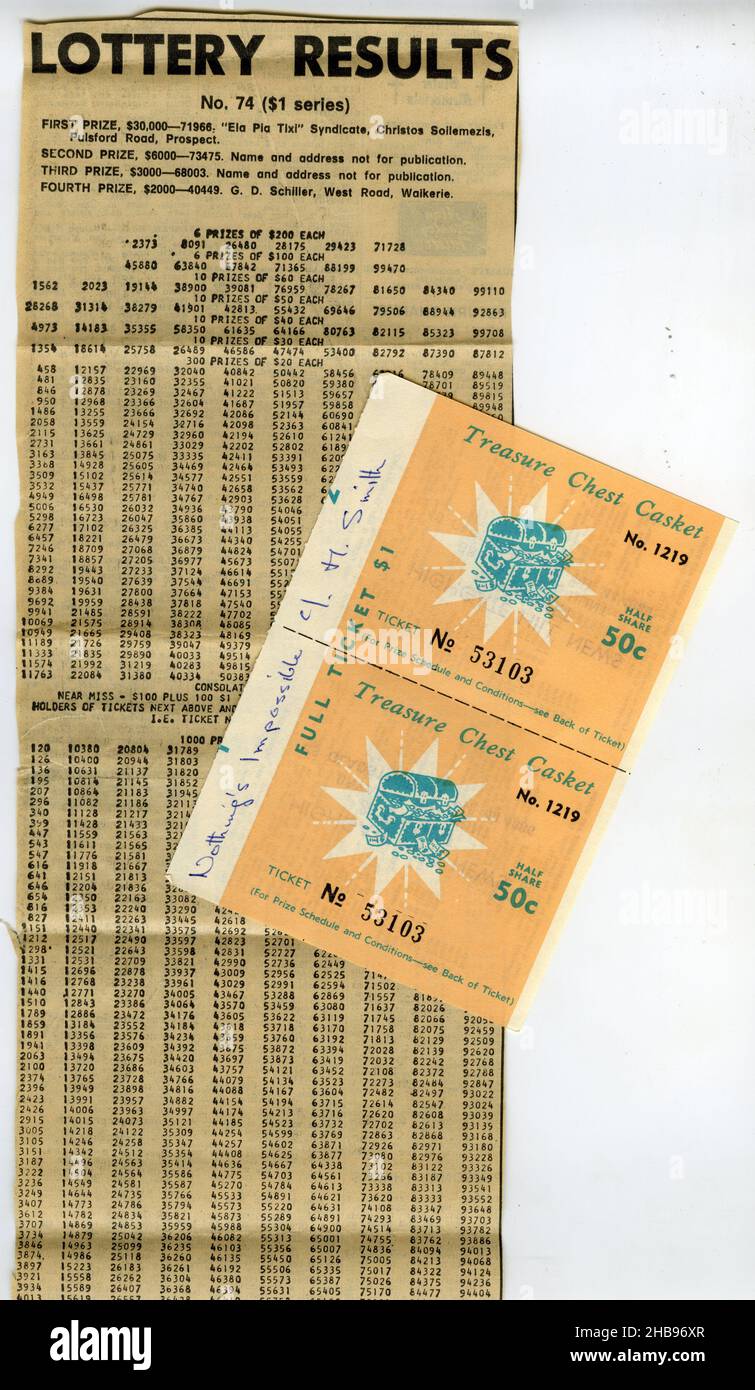 La coupure de journal de la cachette de Trésor lotto résultats de Queensland, Australie, vers 1970 Banque D'Images