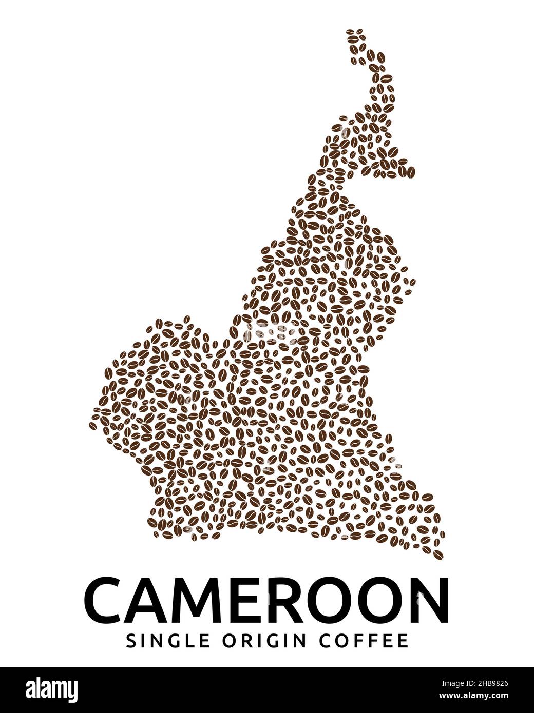 Forme de la carte du Cameroun faite de grains de café éparpillés, nom de pays ci-dessous Illustration de Vecteur