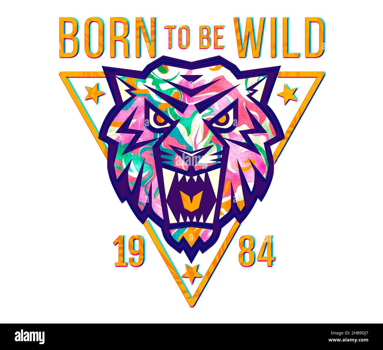 Illustration de la tête de tigre en style glitch.Motif imprimé pour un t-shirt à tête tigre. Banque D'Images