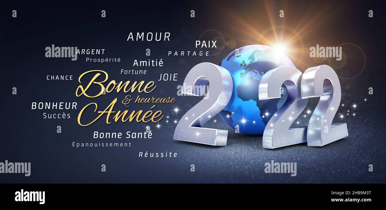 2022 Numéro de date du nouvel an, composé d'une planète de couleur bleue, de salutations et de meilleurs voeux en français, sur fond noir festif - 3D Banque D'Images