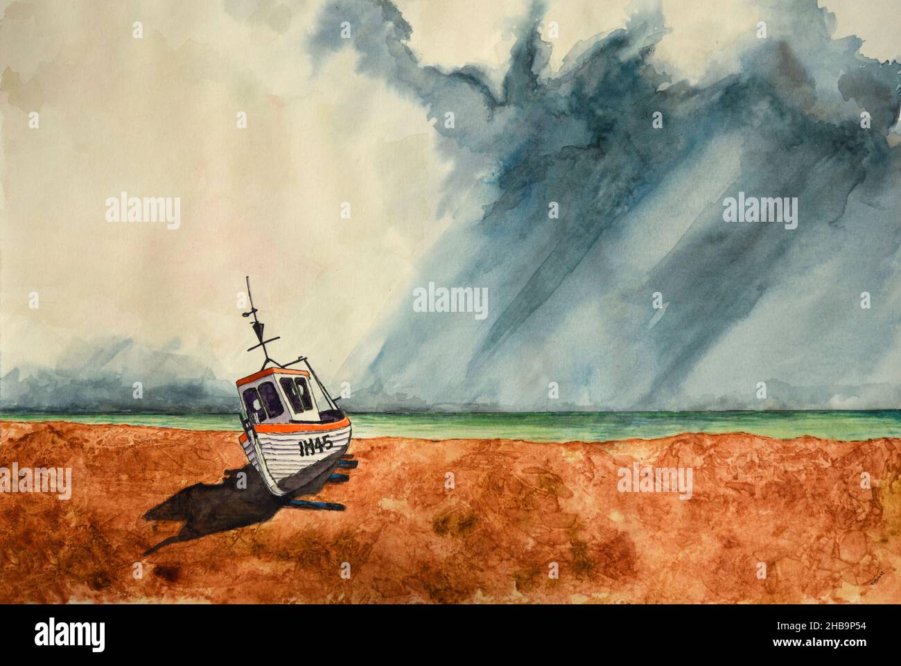 Peinture aquarelle du bateau de pêche sur la plage avec ciel orageux. Banque D'Images