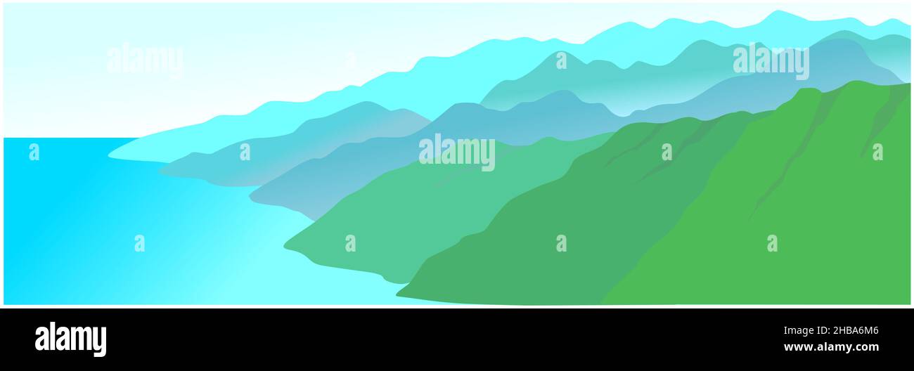 forêt de crêtes de montagne bleu vert avec mer et lac Illustration de Vecteur
