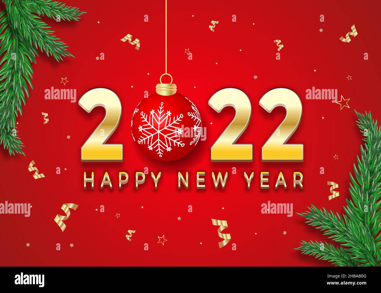 Bannière nouvel an 2022 avec boule de Noël rouge et effet texte doré modifiable Illustration de Vecteur