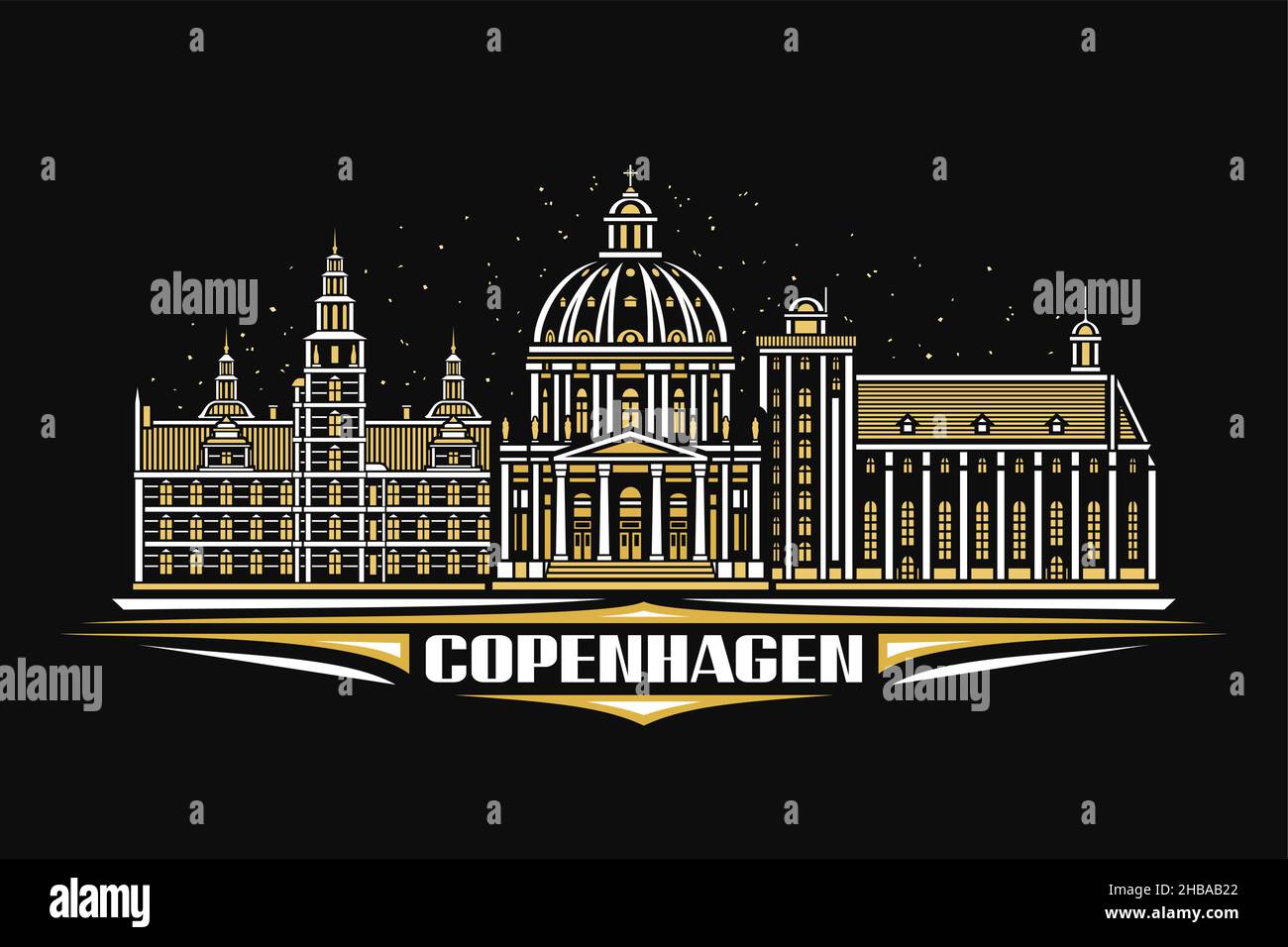 Illustration vectorielle de Copenhague, affiche horizontale sombre avec design linéaire copenhague paysage urbain sur fond de ciel crépuscule, concept d'art urbain avec Illustration de Vecteur