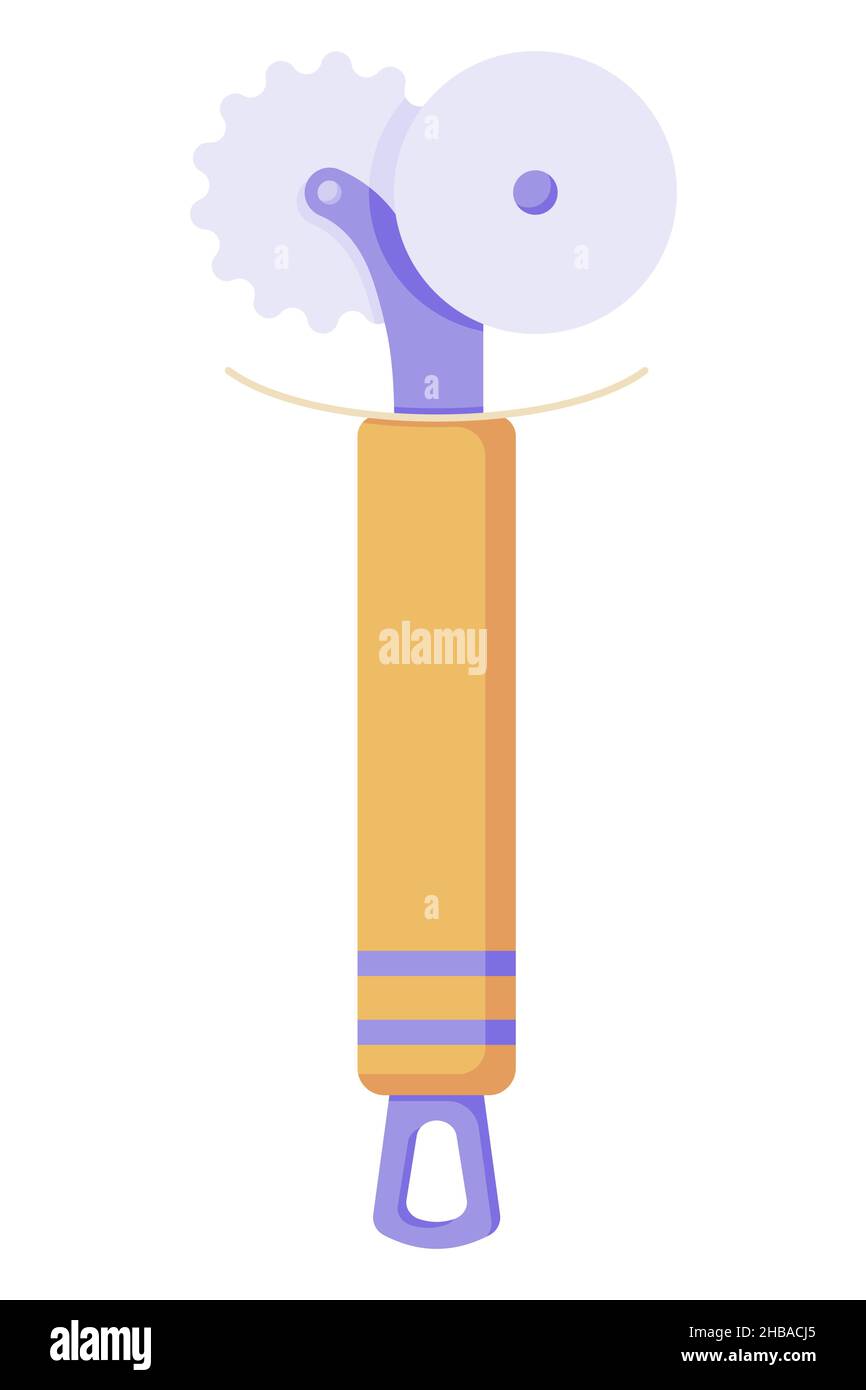 Couteau à pizza à lame ronde, image plate avec poignée jaune et deux couteaux, réguliers et ondulés.Illustration vectorielle Illustration de Vecteur