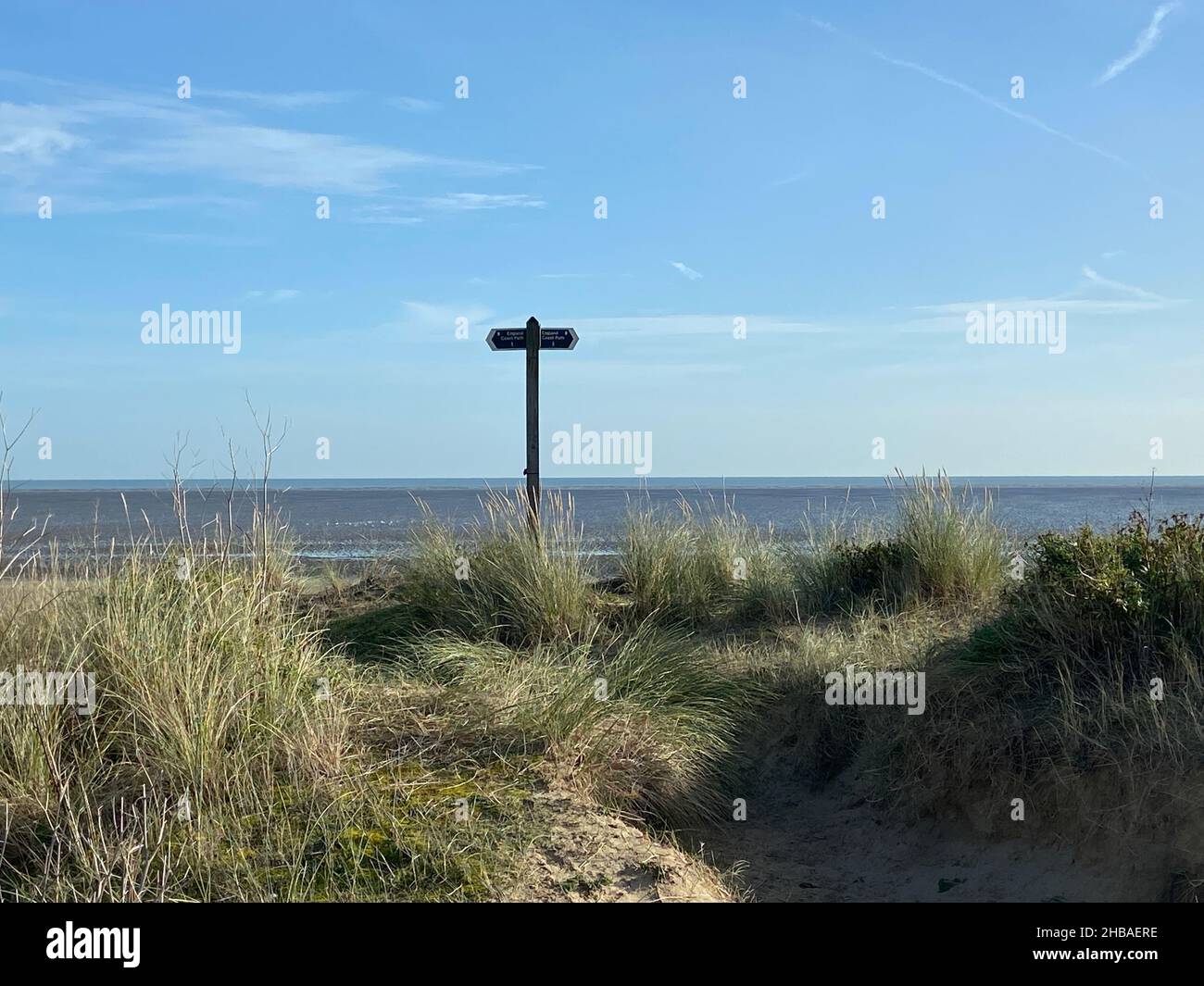 Des dunes de sable et un panneau côtier surplombant la mer à Camber Sands, East Sussex, Angleterre. Paysage côtier pittoresque avec de l'herbe de marram, ciel bleu Banque D'Images