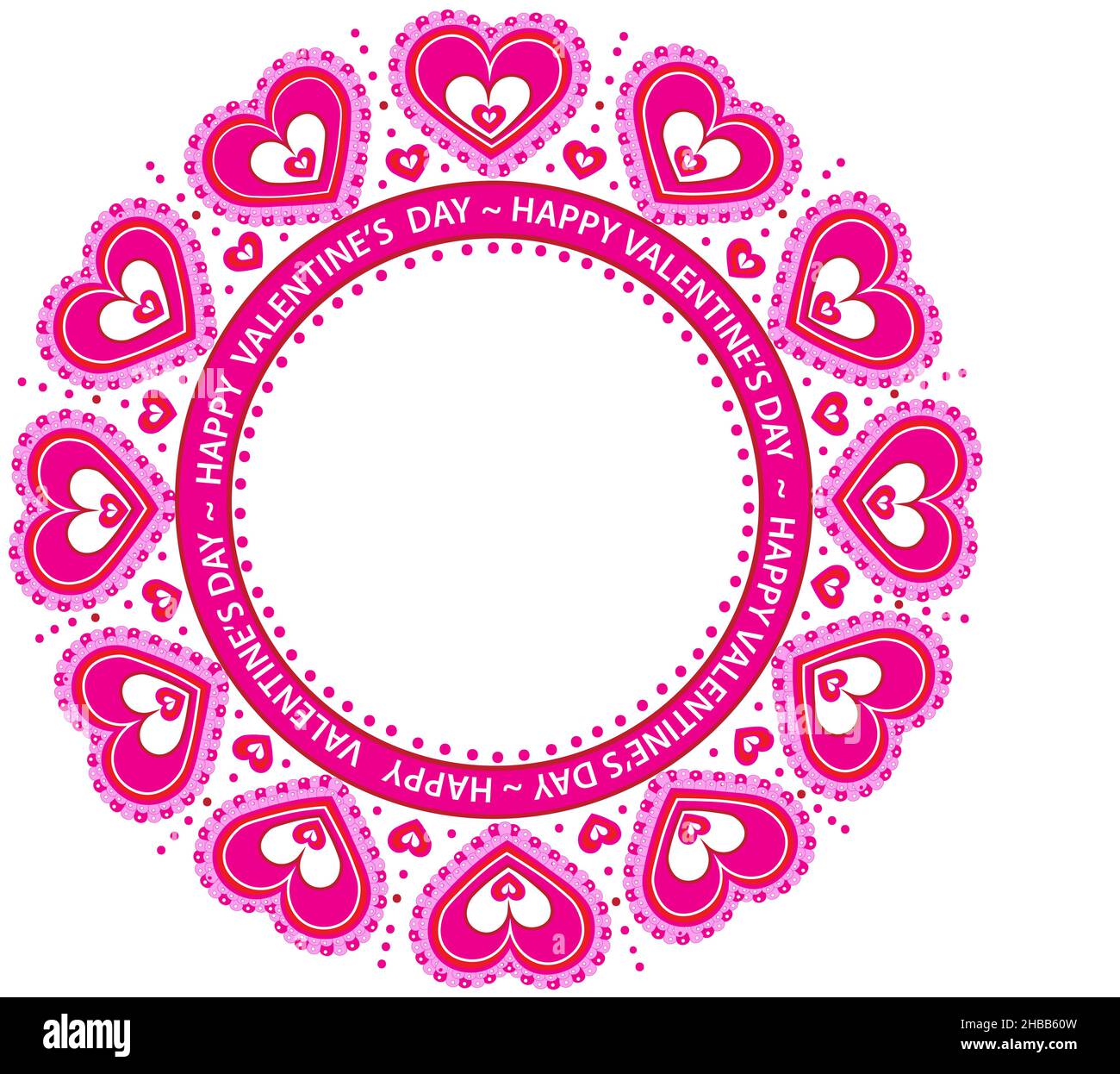 Cadre rond graphique pour la Saint-Valentin avec coeurs décoratifs dans des tons roses.Le texte ou la photo peut être placé dans un cercle blanc.Isolé sur blanc. Banque D'Images