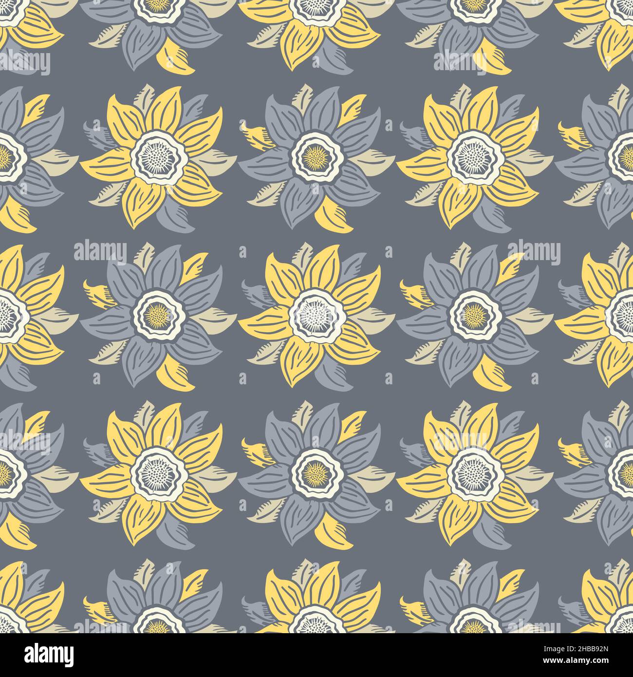 Six pétales de fleurs sauvages vectorisées sans couture.Fond botanique gris jaune avec fleurs de prairie dessinées à la main dans le style et les rayures de bois du patrimoine Illustration de Vecteur