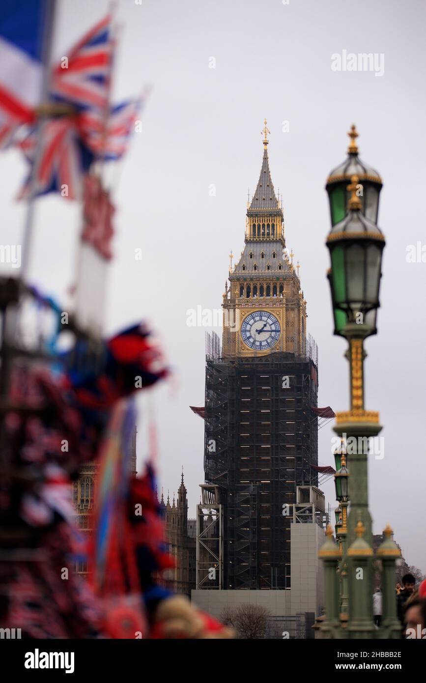 Big Ben, la tour Elizabeth est révélée de derrière l'échafaudage après 4 ans de travaux d'amélioration qui sont presque terminés.La face de l'horloge et t Banque D'Images