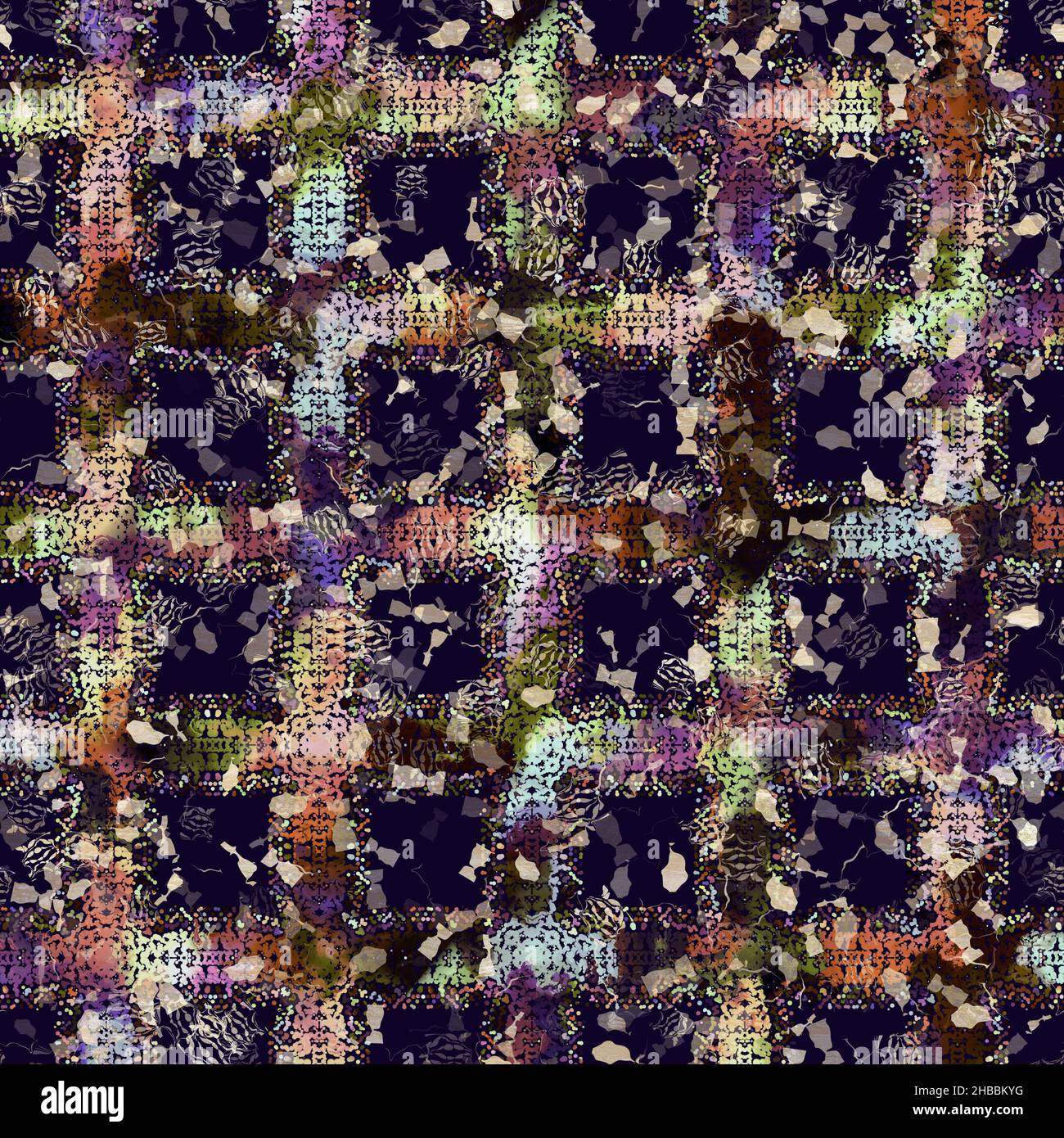 Imprimé camouflage géométrique exotique multicolore de boho.Motif de répétition détaillé pour le sol sombre automnal sans couture. Banque D'Images