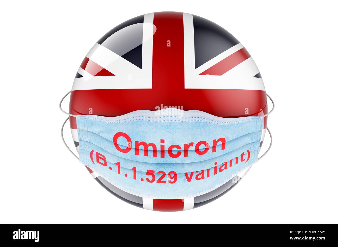 OMICRON coronavirus variante B.1.1.529 en Grande-Bretagne, concept.Drapeau britannique avec masque médical.3D rendu isolé sur fond blanc Banque D'Images