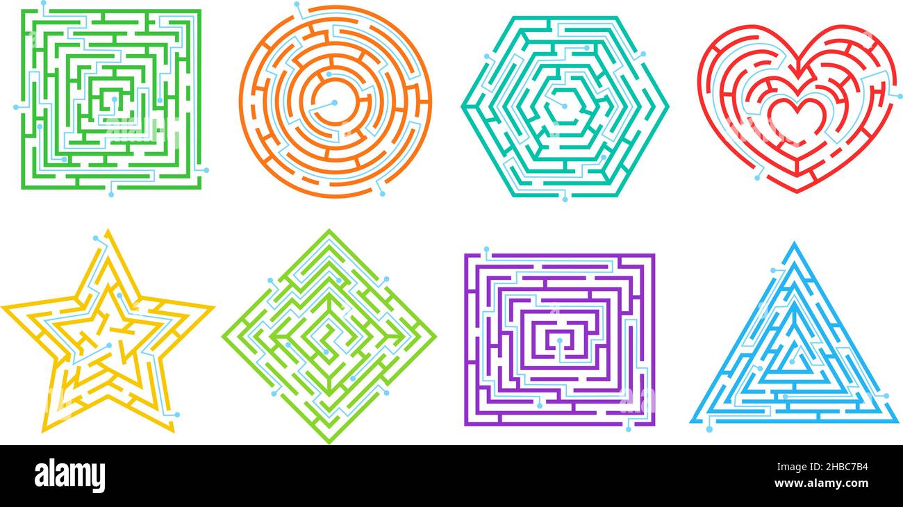 Jeux de puzzle de labyrinthe dans différentes formes, des labyrinthes simples pour les enfants.Route trouver un jeu, des puzzles de labyrinthe, trouver des énigmes de chemin ensemble de vecteurs.Défi pour enfant, chemin de recherche ou direction Illustration de Vecteur