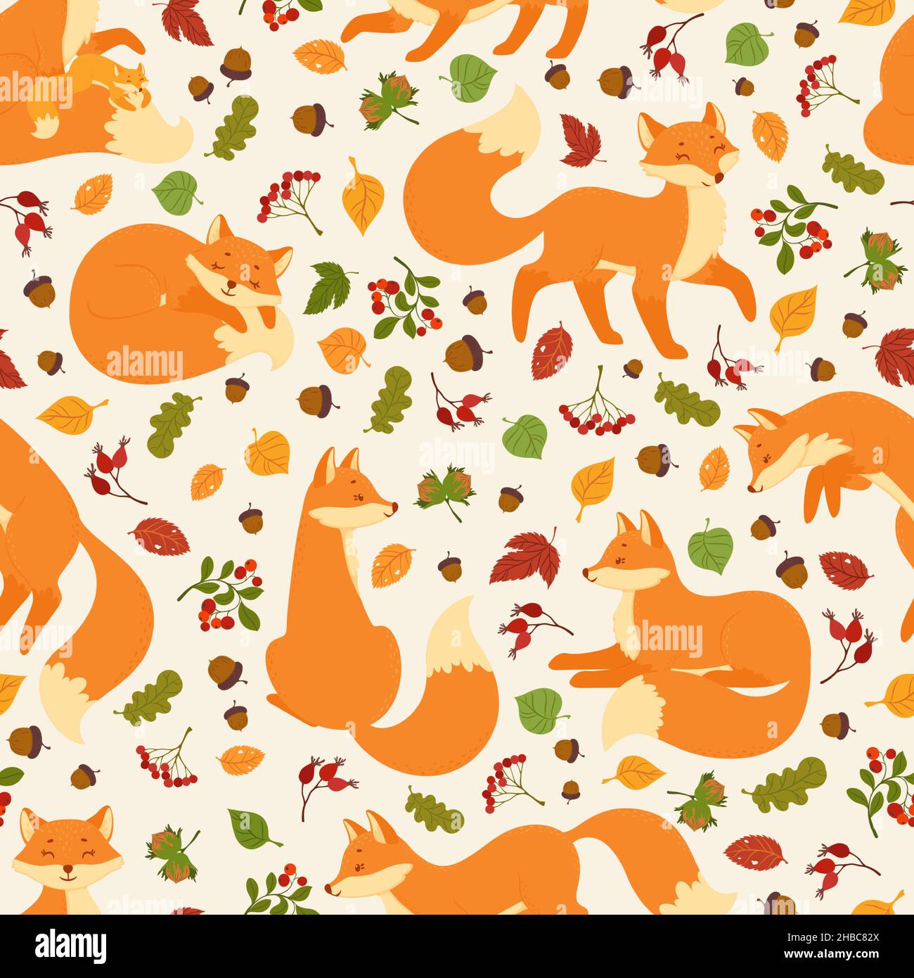 Dessin animé joli renards rouges sans couture avec éléments forestiers.Renard drôle avec des feuilles et des baies, faune et flore boisés animal vector impression texture.Adorable mère avec enfant, personnage de marche Illustration de Vecteur