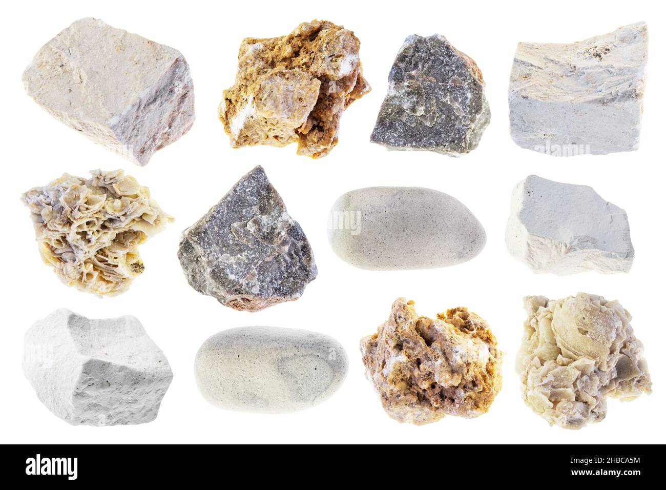 ensemble de plusieurs pierres calcaires découpées sur fond blanc Banque D'Images