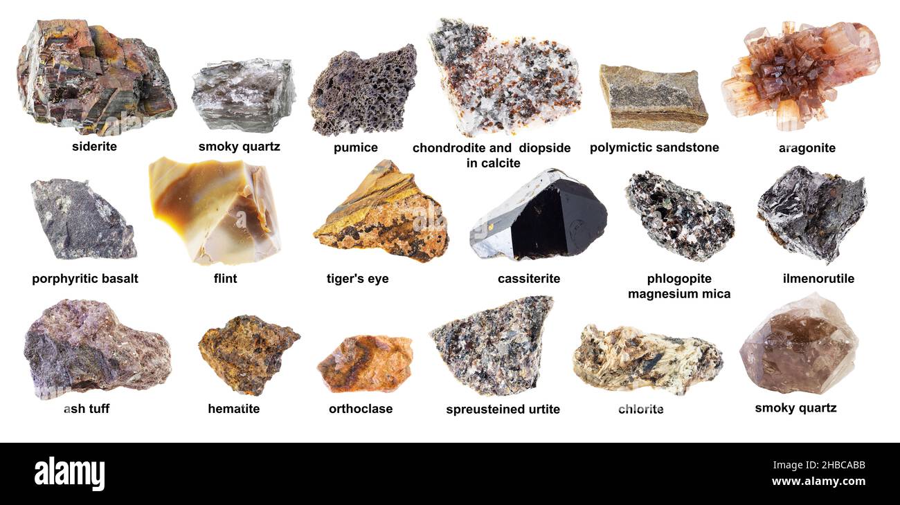 ensemble de diverses pierres brunes brutes avec noms découpés sur fond blanc Banque D'Images