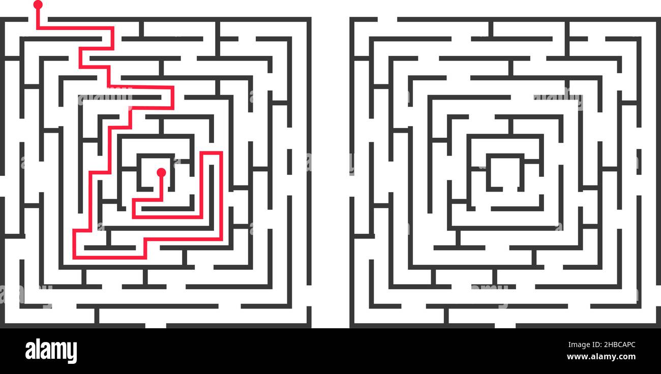 Jeu de labyrinthe carré avec solution, route de trouver le puzzle.Labyrinthe  logique simple pour les enfants, trouver la énigme de chemin avec  illustration de vecteur de réponse.Rebus pour la concentration des enfants