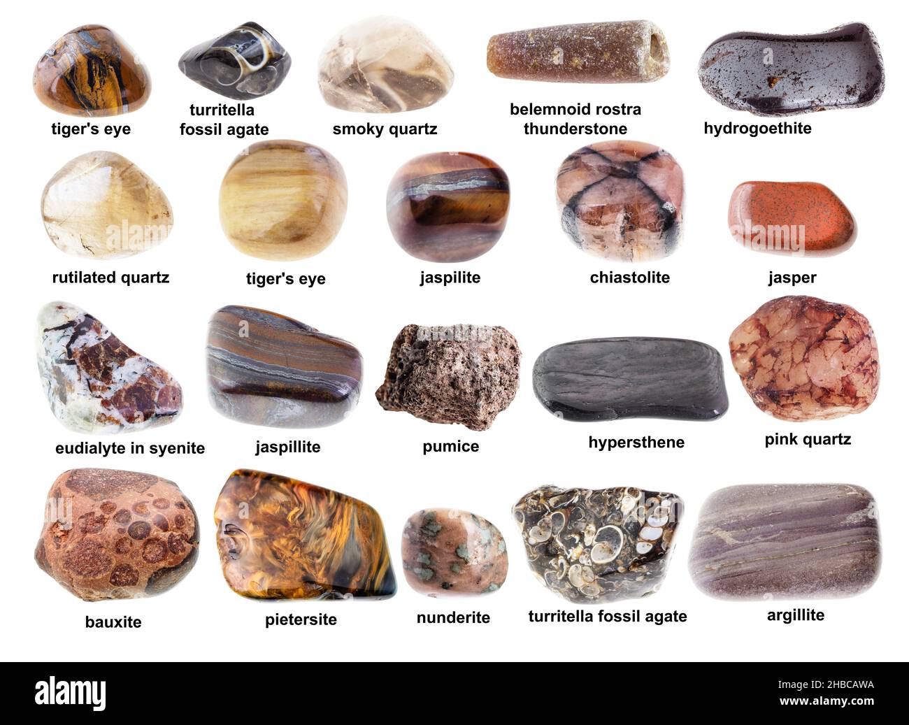 ensemble de roches brunes polies avec noms découpés sur fond blanc Banque D'Images