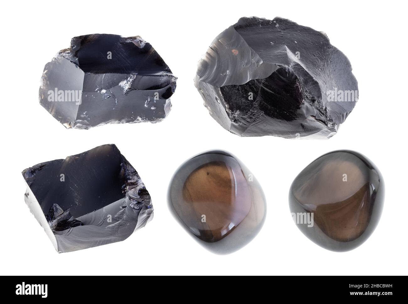 Ensemble de divers verre volcanique Apache larmes pierres découpées sur fond blanc Banque D'Images