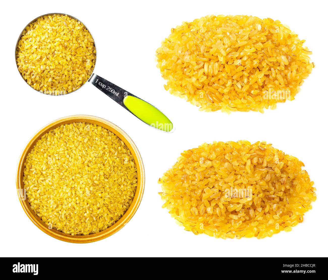 ensemble de boulgour (blé dur craqué) gruaux découpe sur fond blanc Banque D'Images