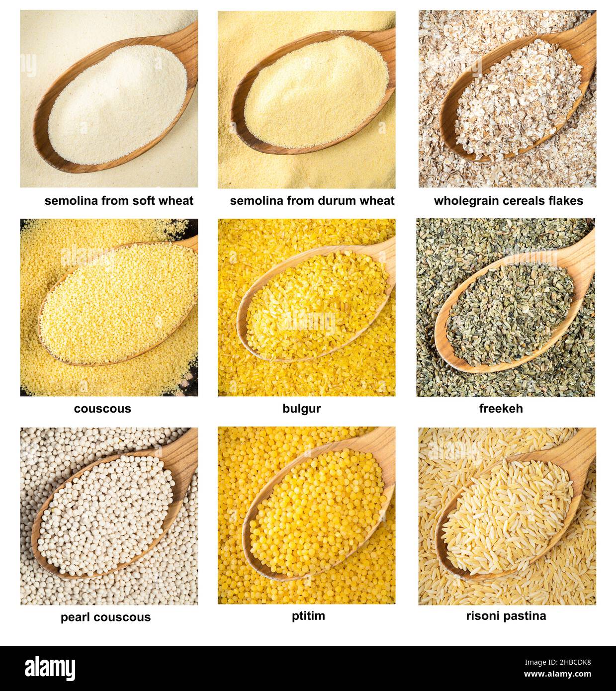 ensemble de différents gruaux de blé en cuillers à bois de gros plan avec des noms sur fond blanc Banque D'Images