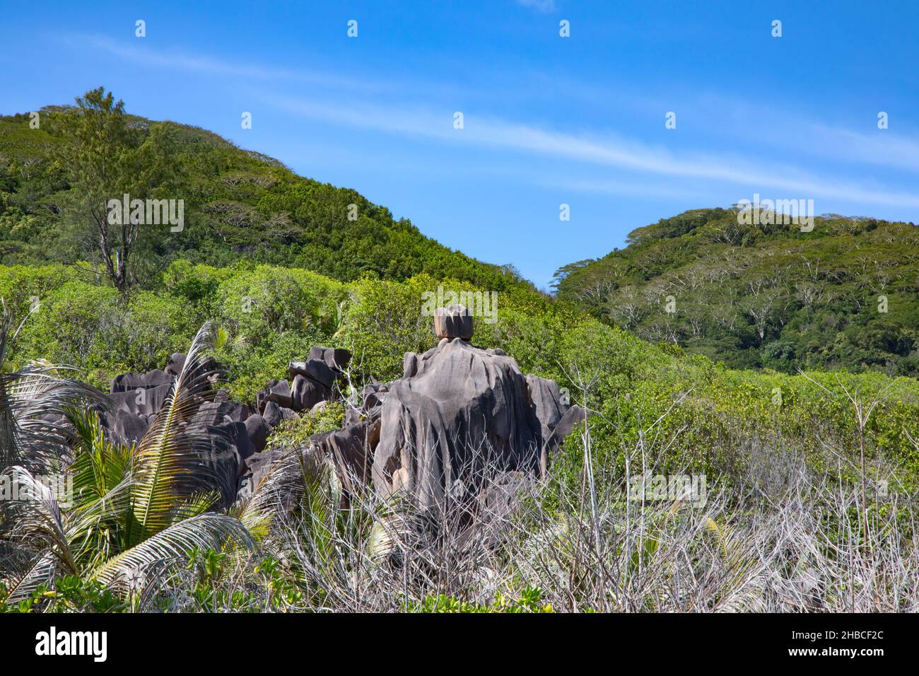 Célèbre plage de Grand Anse sur l'île de la Digue, Seychelles Banque D'Images