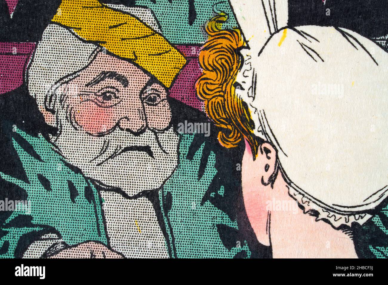 Homme mûr regardant une jeune femme qui se précipite, pop art, détail d'une illustration par Henry Gerbault, 1890s, français Banque D'Images