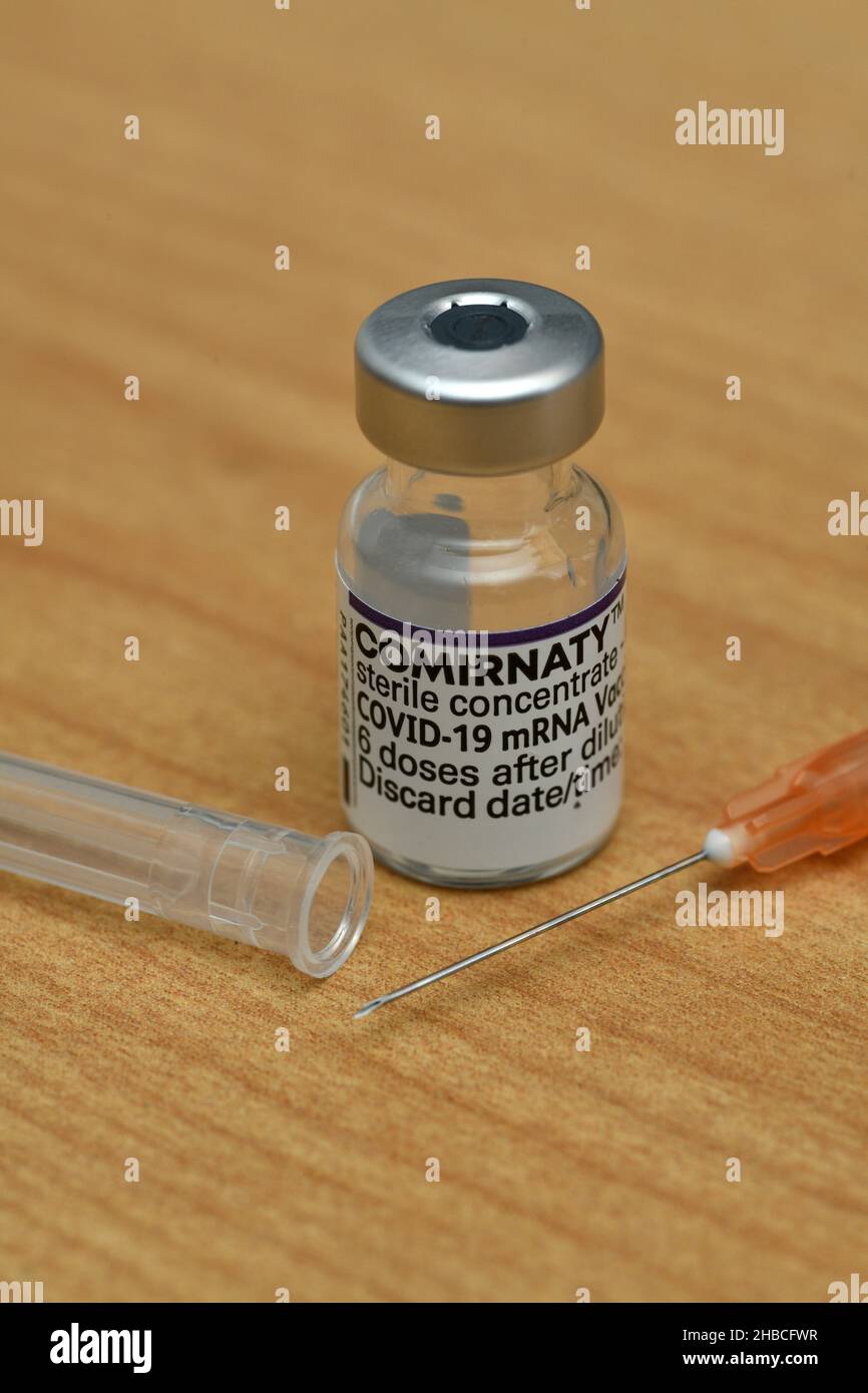 Une bouteille du concentré de vaccin Covid-19 de Pfizer utilisée pendant l'éclosion de la maladie de Delta en Nouvelle-Zélande Banque D'Images