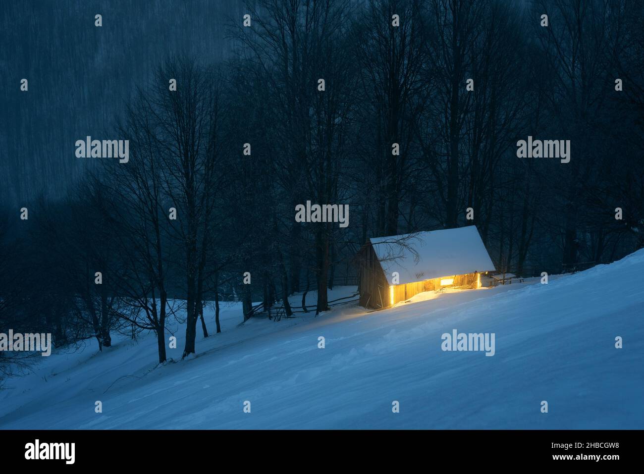 Paysage de nuit avec une maison dans une forêt enneigée d'hiver Banque D'Images