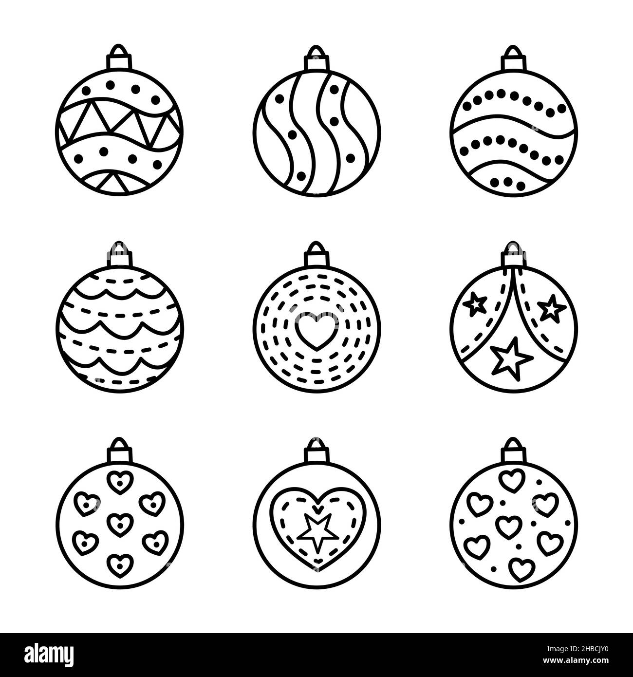 Ensemble de boules d'arbre de Noël à motifs.Collection de décorations du nouvel an dans un style minimaliste. Illustration de Vecteur