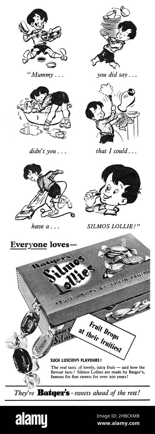1954 Publicité britannique pour Batgers Silmos lylies fruit Drops sucreries. Banque D'Images