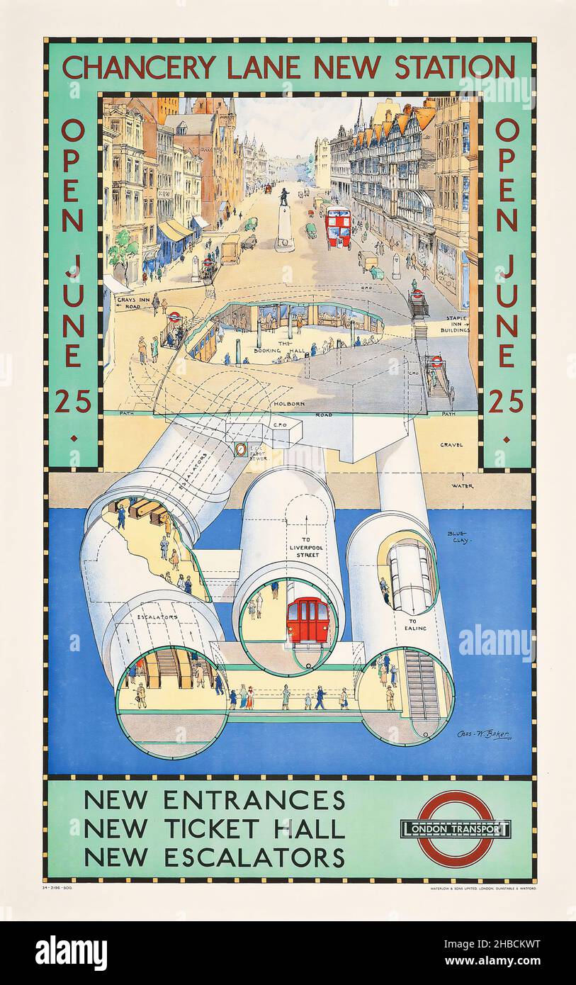 Nouvelles entrées, nouveaux guichets, escaliers mécaniques; Chancery Lane, par Charles W Baker, 1934, métro de Londres Banque D'Images