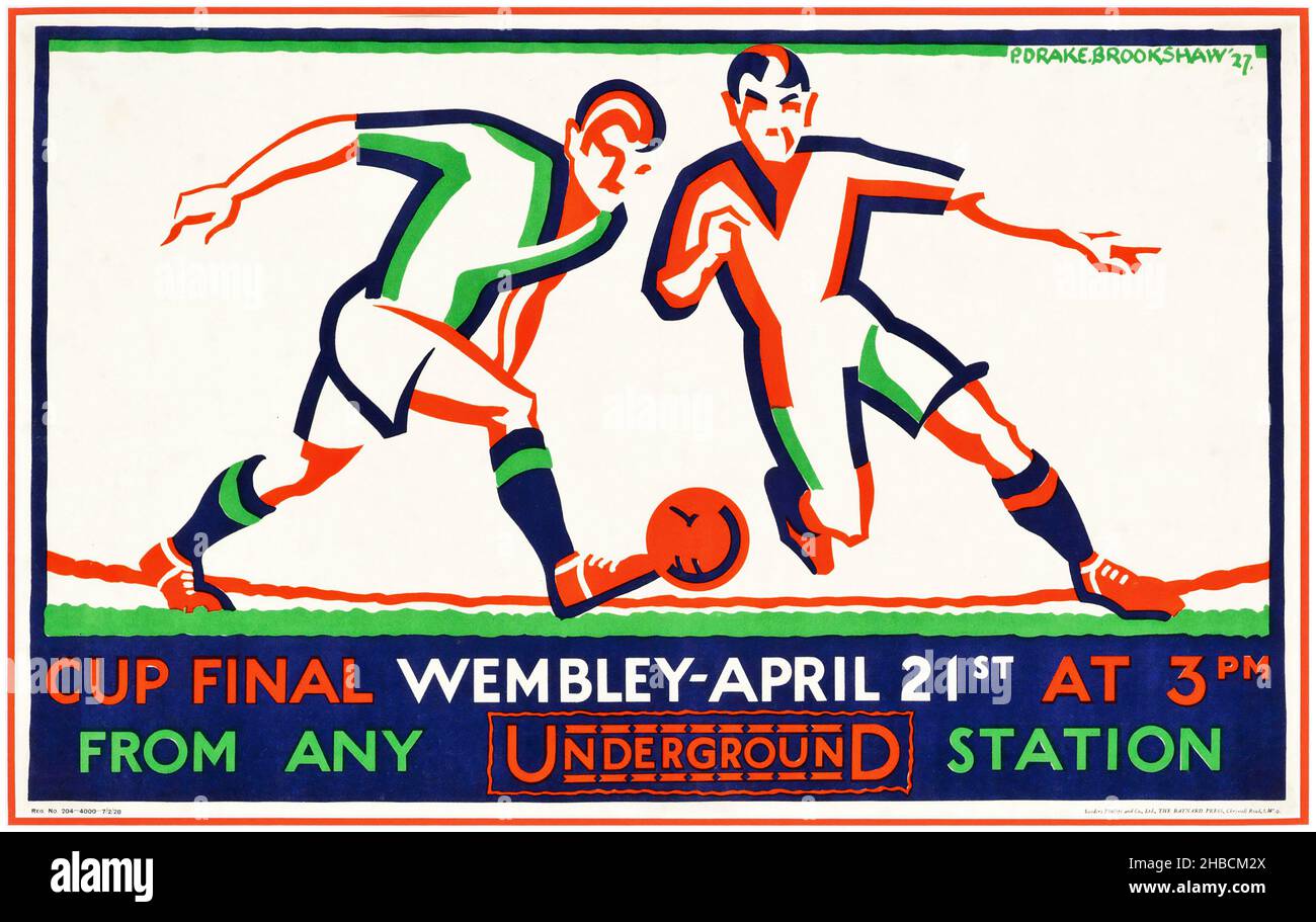 Cup final Wembley; 21st avril, par Percy Drake Brookshaw, 1928 - Publicité vintage pour le système de transport de Londres, London Underground Banque D'Images