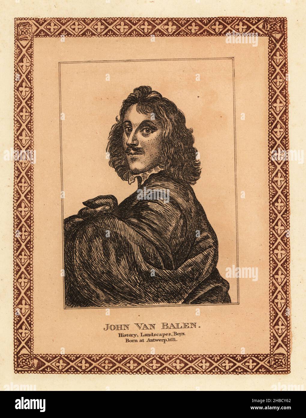 Portrait de Jan van Balen, peintre baroque flamand de peintures, paysages et garçons, 1611-1654.John van Balen.Gravure teintée à l’intérieur d’une bordure décorative par James Girtin après un autoportrait de Van Balen des soixante-dix-cinq portraits de James Girtin de peintres célèbres d’originaux authentiques, J. m’Creery, Londres, 1817.- Banque D'Images