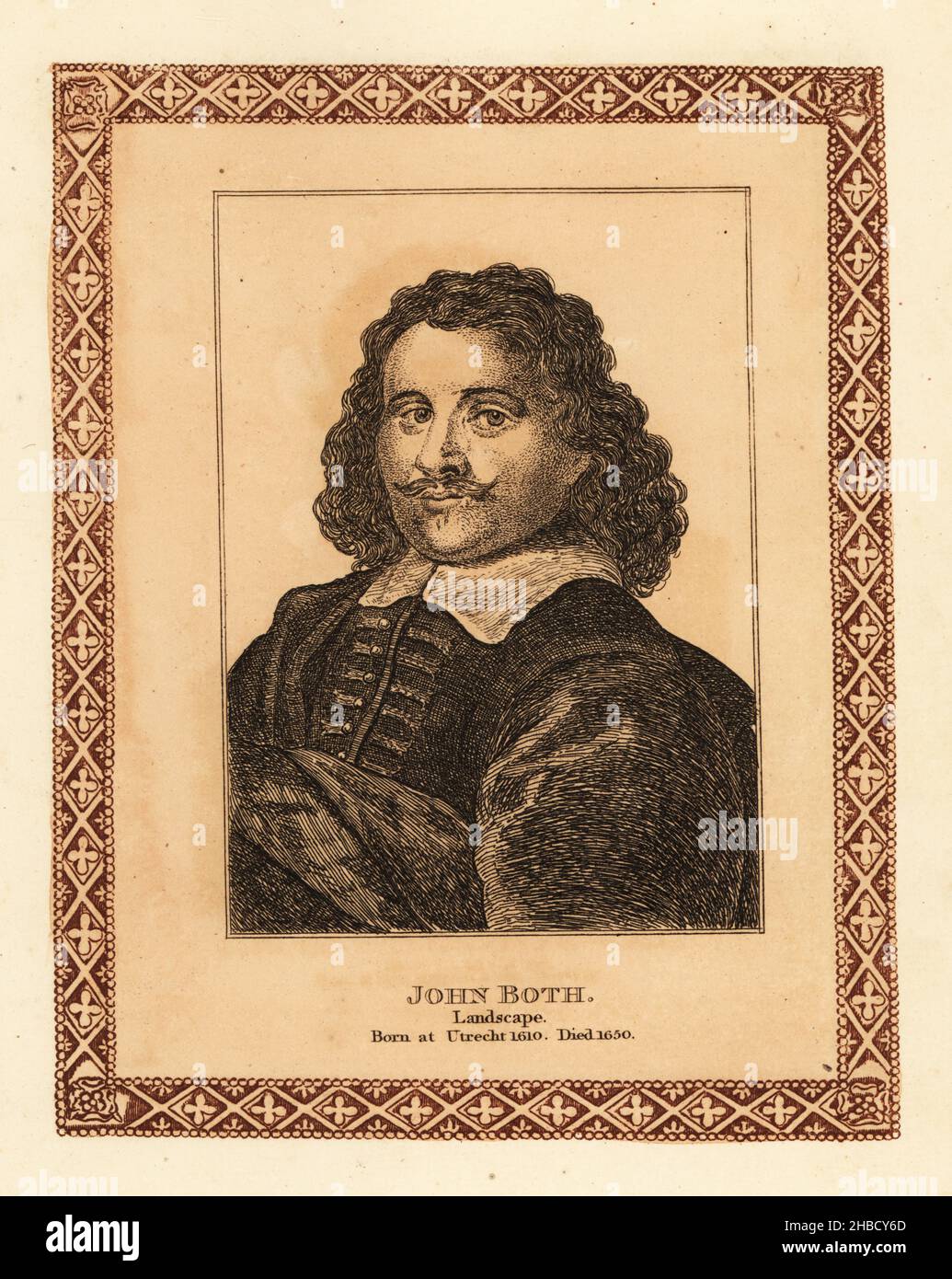 Portrait de Jan Dirksz les deux, peintre de paysage néerlandais, dessinateur et graveur, v.1610-1652.John Both, peintre paysagiste, né à Utrecht.Gravure teintée à l’intérieur d’une bordure décorative par John Girtin après un portrait d’Abraham Willaerts des soixante-dix-cinq portraits de John Girtin de peintres célèbres d’authentiques originaux, J. m’Creery, Londres, 1817. Banque D'Images