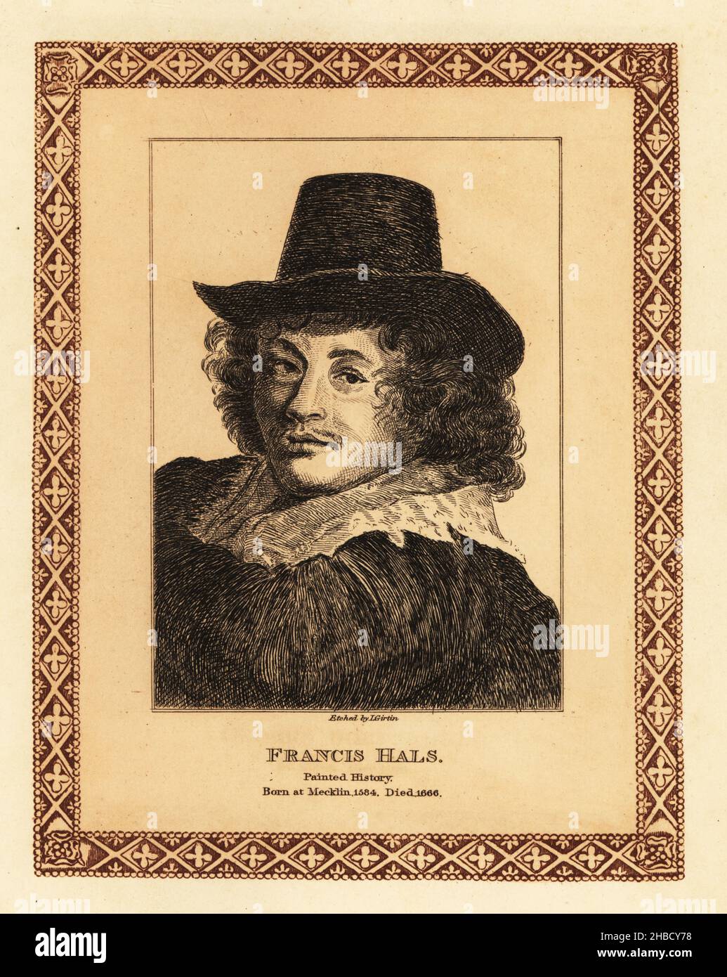 Portrait de Frans Hals l'aîné, c.1582-1666, portraitiste hollandais de l'âge d'or et peintre d'histoire, qui a vécu et travaillé à Haarlem.Francis Hals, l'histoire peinte.Gravure teintée à l’intérieur d’une bordure décorative par John Girtin des soixante-dix-cinq Portraits de John Girtin de célèbres peintres d’originaux authentiques, J. m’Creery, Londres, 1817. Banque D'Images