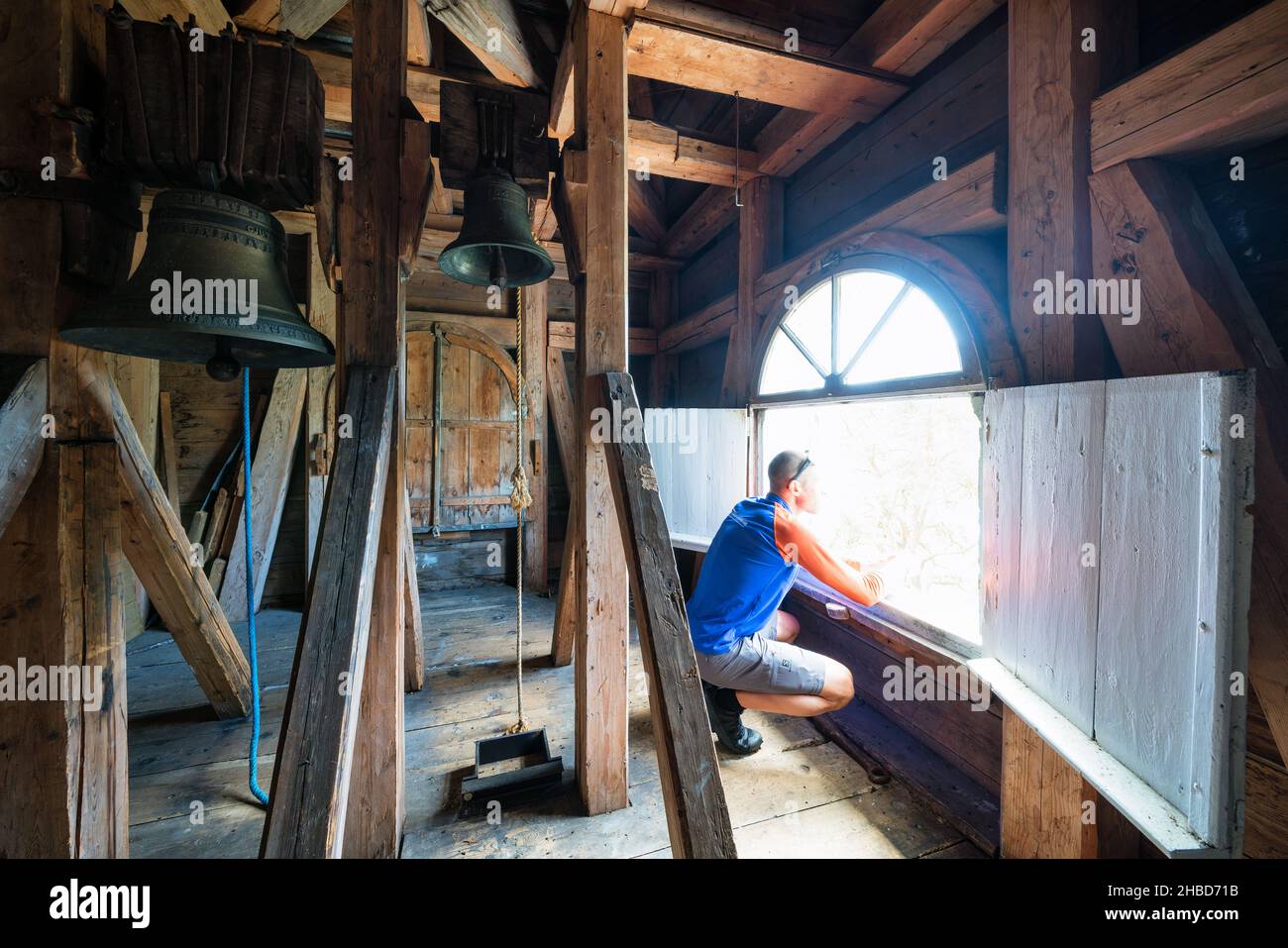 À l'intérieur de l'ancien clocher d'une église de l'île Haapasaari, Kotka, Finlande Banque D'Images