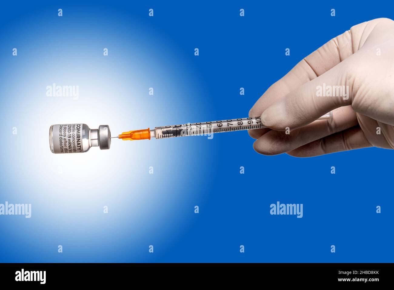 Turin, Italie - 18 décembre 2021 : flacons de Comirnaty pour vaccins Pfizer-BioNTech COVID-19, à main avec gant en latex et seringue, en prélevant la dose de vaccin du flacon Banque D'Images