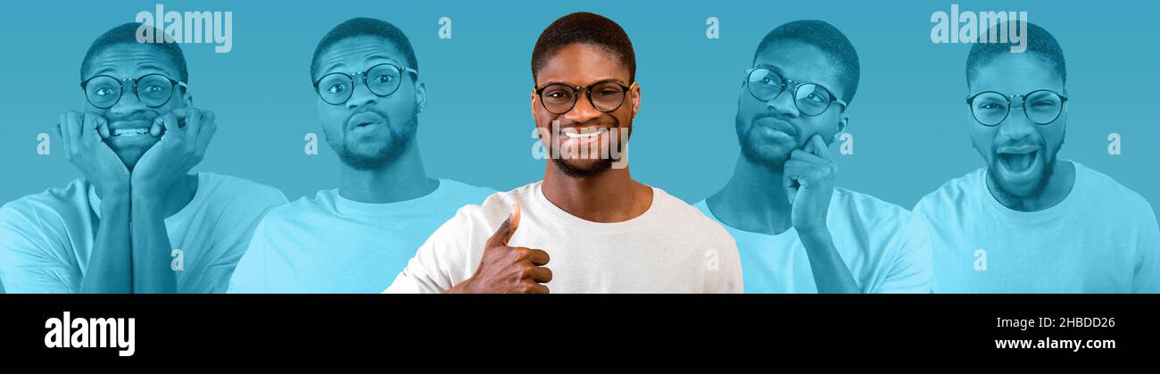 Portrait d'un jeune homme afro-américain amical et émotionnel qui fait des gestes Banque D'Images